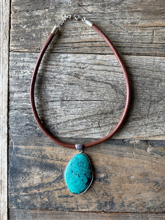 Jewelry - Turquoise Stone Pendant Necklace in 925 with Brown Leather Cord